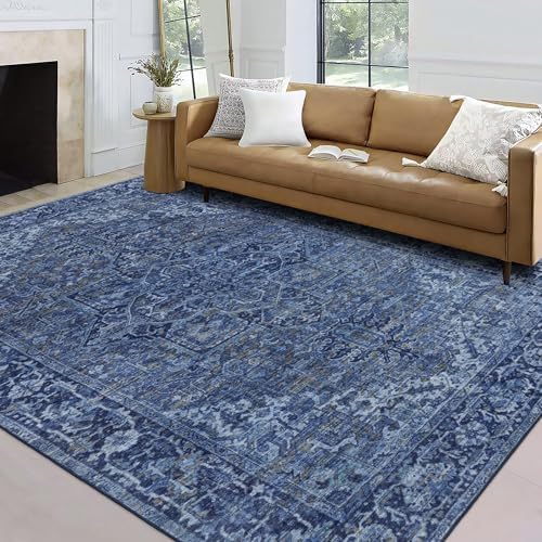 ReaLife Rugs Machine Washable Area Rug - Living Room Bedroom Bathroom Kitchen Entryway Office - Padded Low Pile Stain Resistant Premium - Boho Vintage Traditional - Lyle - Blue 7'6" x 9'6" by ReaLifeRugs