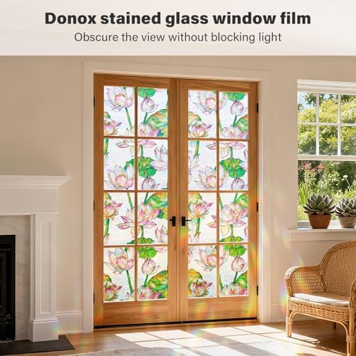 Donox Window Privacy Film Static Cling, Decorative Stained Glass Style Tint, Lotus Pattern with Rainbow Effect for Home and Office, UV Blocking No Glue Removable, 17.5 x 157.4 inches - Image 3