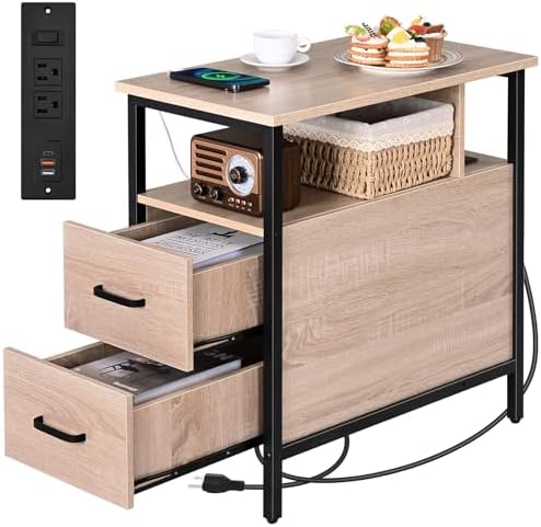 Livofloral Side Tables with Charging Station, Narrow End Table with 2 Wooden Drawers, USB Ports and Power Outlets, Narrow Nightstand and Bedside Table, Side Tables Living Room, Bedroom, Greige by Livofloral