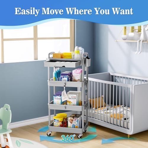 SUNALLY 4 Tier Rolling Cart with Drawer, Craft Storage Cart Organizer, Gray - Image 4