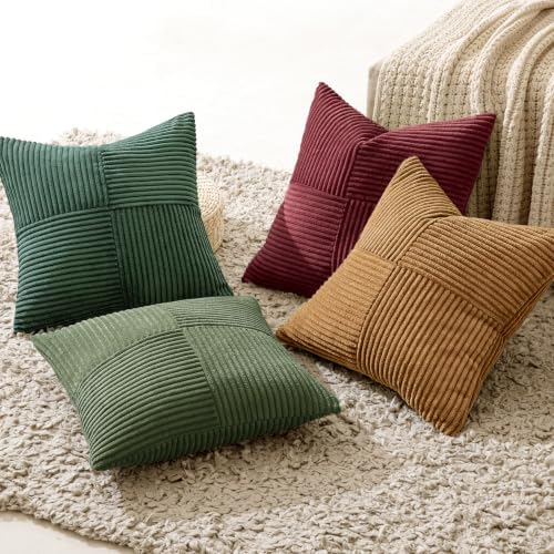 MIULEE Boho Christmas Green Decorative Throw Pillow Covers 18x18 Set of 4 Farmhouse Cushion Covers Color-Clash Corduroy Pillow Cases Modern Soft Corduroy Patchwork Home Decor for Couch Sofa Bedroom - Image 5