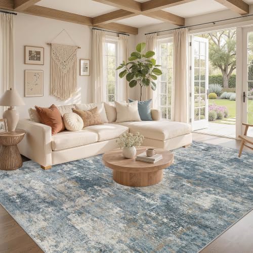 Nakagishi 10x14 Area Rugs Living Room: Washable Abstract Large Neutral Soft Rug Stain Resistant Modern Indoor Floor Non-Slip Carpet for Bedroom Nursery Kids Playroom Office Dining Room Dorm-Blue Brown - Image 2