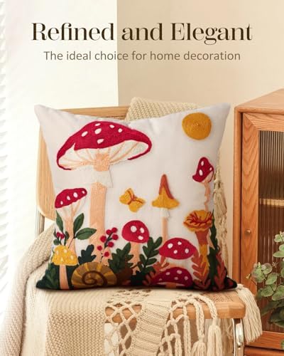 Embroidered Throw Pillow Cover 18x18 Inch - Spring Summer Boho Decorative Pillow Cover with Zipper for Living Room Couch Sofa Bed Aesthetic Design Mushroom Moon Cushion Pillowcase (Pack of 2) - Image 5