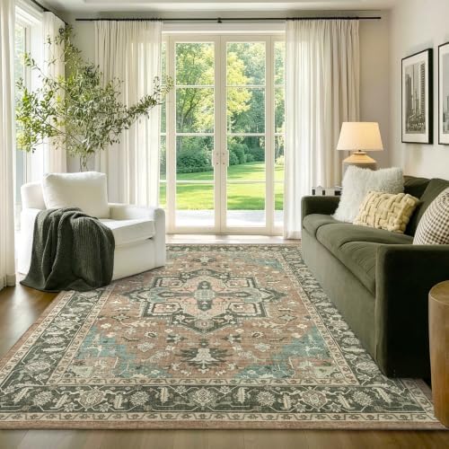 5x7 Ft Area Rugs for Living Room, Soft Non-Slip Machine Washable Rug, Vintage Stain Resistant Carpets for Bedroom Nursery Dining Room Home Decor (Brown) - Image 2