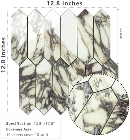 Vamos Tile Glossy Marble Purple Backsplash Tile Peel and Stick, 12.8 x 12.8 Inch 10 Sheets Long Hexagon PVC Self Adhesive Mosaic Wall Tiles Stick on Backsplash for Kitchen and Bathroom - Image 4