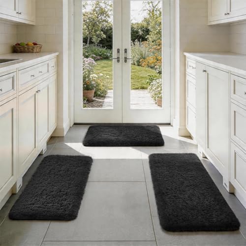 Ophanie Small Rug Washable Non Slip Throw Bedside Area Rugs, Fluffy Soft Mini Bedroom Carpet, 1.5x2.5，1.5x4 and 1.5x5 Rug Set, 3 Piece Black with Over 99 pcs Pile fibers by Ophanie