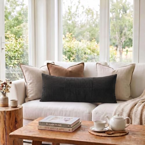Fancy Homi Set of 2 Black Boho Long Lumbar Body Decorative Throw Pillow Cover 14x36 Inch for Bed Couch Bedroom Bench, Soft Patchwork Corduroy Textured Pillow Case, Rustic Farmhouse Room Décor - Image 2