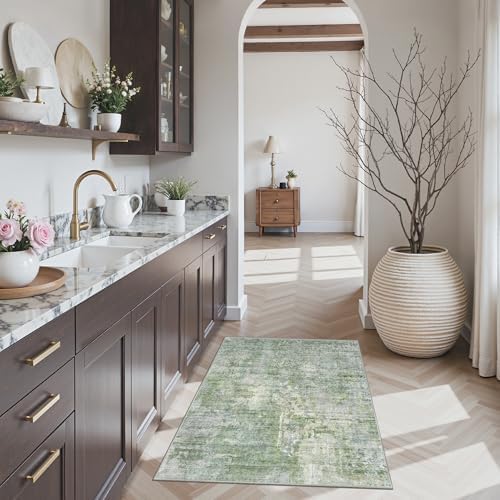 Soalmost 2x3 Abstract Washable Rugs for Kitchen, Small Area Rug Green/Ivory - Image 3