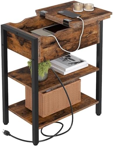 HOOBRO End Table with Charging Station, Narrow Side Table, Flip Top Nightstand with USB Ports and Outlets, Bedside Tables with Shelf for Small Spaces, Living Room, Rustic Brown BF341BZ01 by HOOBRO