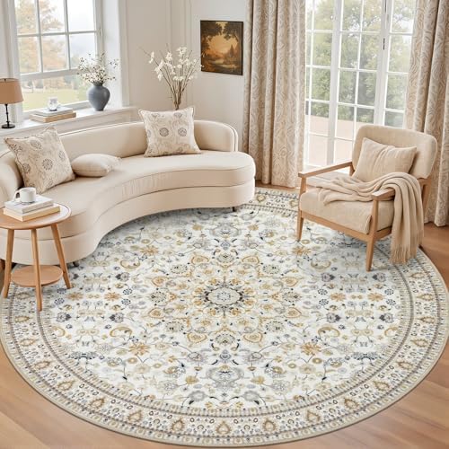 Round Area Rug for Living Room: 8ft Washable Rug for Bedroom Beige by EXPEDIX