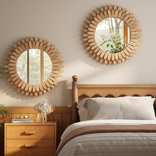 28" Round Sunburst Wooden Mirror Boho Rustic Wall Decor - Image 6