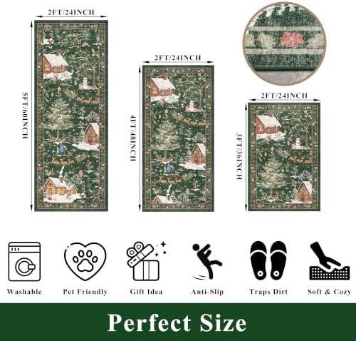 Holiday Christmas Rugs Kitchen Sets of 3, Green Washable Throw Kitchen Mat Low Pile Soft Non-Slip with Rubber Backing for Sink Floor Mat ＆ Hallway, Entryway - Image 2