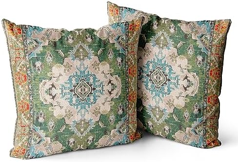 Snycler Boho Throw Pillow Covers 16x16 inch Set of 2 Boho Rug Carpet Double Sided Pattern Cotton Soft Pillow Case Cushion Cover Pillowcase for Couch Sofa Bed Decorative (Green) by Snycler