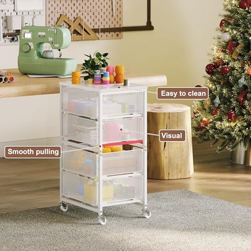 4-Drawer Rolling Storage Cart, Utility Cart with Drawers, White Metal Craft Cart Organizer with Wheels & Wooden Top, Art Supply Storage Organizer for Classroom, Office, Kitchen,Patent Pending - Image 7