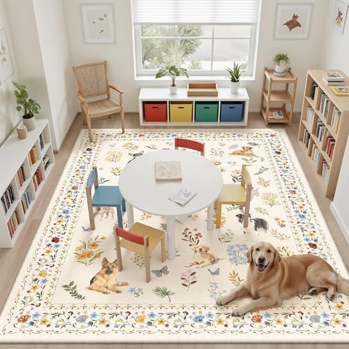 Soalmost Dog 9x12 Area Rugs for Living Room, Washable Animal Soft Rug Beige - Image 4