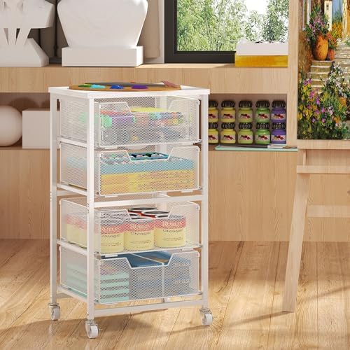 4-Drawer Rolling Storage Cart, Utility Cart with Drawers, White Metal Craft Cart Organizer with Wheels & Wooden Top, Art Supply Storage Organizer for Classroom, Office, Kitchen,Patent Pending - Image 2