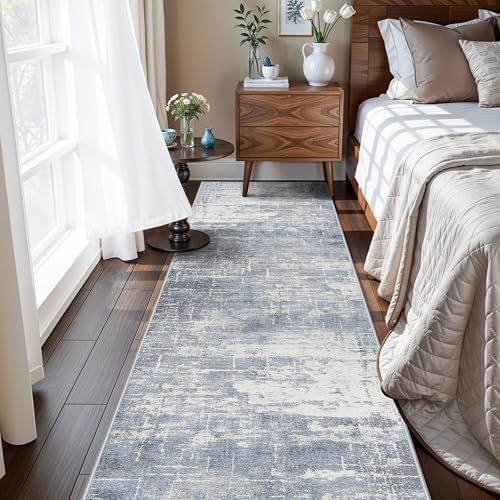Hallway 2x8 Washable Runner Rug: Abstract Stain Resistant Kitchen Entryway Rugs Farmhouse Ultra Soft Bathroom Bedroom Print Floor Mat Thin Non-Slip Indoor Carpet for Living Room Laudry(2x8,Blue/ivory) by HYHAOYUNLAI