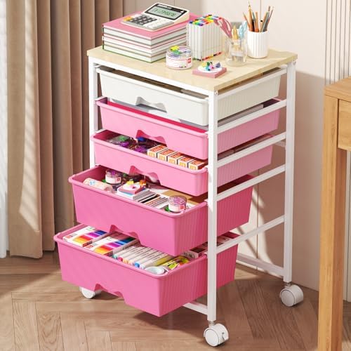 Goovilla Rolling Cart with 5 Drawers for Craft, Art, Dorm, Office, Pink by Goovilla