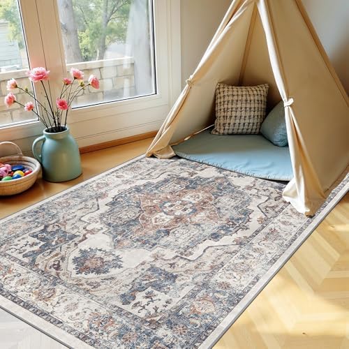 4x6 Living Room Area Rugs: Washable Boho Bedside Rugs Non-Slip Low Pile Small Carpet for Kitchen Bedroom Non-Shedding Floor Mat for Kids Room Office Dining Room(4x6，Brick) - Image 5