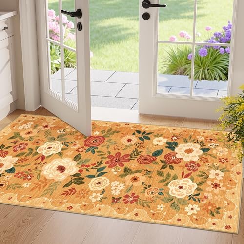 DUKINO 2x4 Entryway Rug, Floral Washable Kitchen Rugs Non Slip, Orange by DUKINO