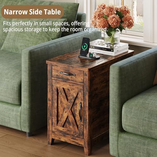 IRONCK End Table with Charging Station, Farmhouse Narrow Side Table with Drawer and Cup Holder, End Table Set of 2 with USB Ports and Outlets for Living Room, Vintage Brown - Image 4