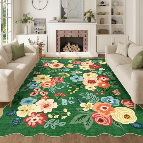 DUKINO 5x7 Area Rugs for Bedroom, Floral Washable Rug Non Slip, Dark Green by DUKINO