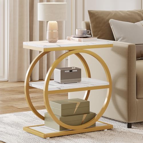 Tribesigns End Table with Storage Shelves Pack of 2, 3-Tier Wooden Industrial Sofa Side Table with Black Metal Frames for Living Room, Slim Nightstand and Bedside Table for Bedroom, White & Gold - Image 3