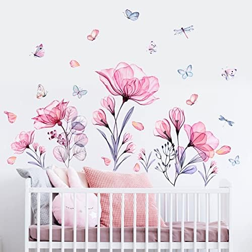 Pink Flowers Wall Decals Removable Butterflies Floral Flowerl Wall Stickers DIY Vinyl Self Adhesive Wall Mural for Nursery TV Background Kids Gilrs Rooms Bedroom Decoration by Prabahdak