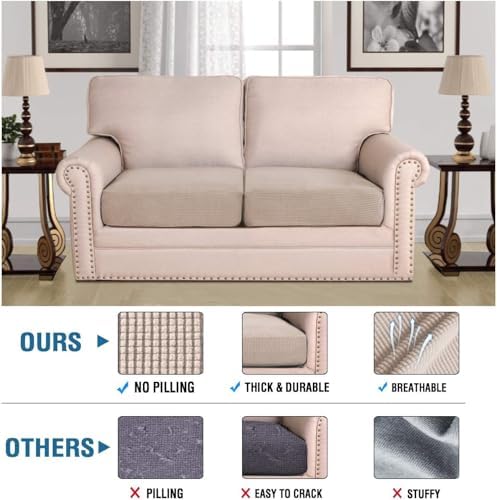 H.VERSAILTEX Super Stretch Individual Seat Cushion Covers Sofa Covers Couch Cushion Covers Slipcover Sets Thick Jacquard Textured Twill Fabric (2 Piece Medium Sofa Cushion Covers, Sand) - Image 2