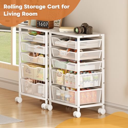 Hongtamoya Rolling Storage Cart with 5 Drawers, Metal Utility Cart with Lockable Wheels, Craft Storage Art Cart, Rolling Drawer Cart for Living Room, Bedroom, Bathroom, Office, Home, White - Image 3