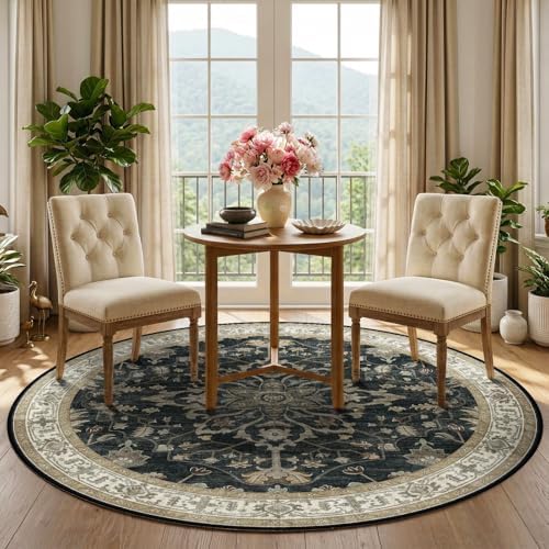 RELEANY Washable Area Rug, Round 5ft, Black/Vintage/Beige - Image 3
