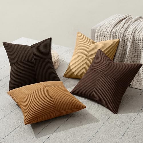 MIULEE Boho Decorative Throw Pillow Covers 20x20 Set of 4 Farmhouse Neutral Cushion Cases Gradient Corduroy Pillow Cases Modern Soft Corduroy Patchwork Home Decor for Couch Sofa Bedroom Camel Brown - Image 6