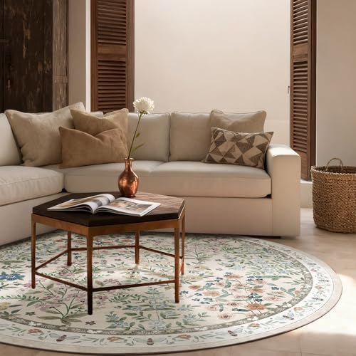 Washable Round Rugs for Bedroom 4ft: Living Room Rug Stain Resistant Non Slip Low Pile Ultra Soft Faux Wool Small Circle Rugs for Entryway Kitchen Bathroom Nursery Entrance Dorm Home Office Indoor - Image 3