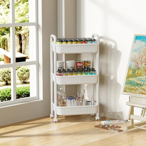 JOYZAN 3 Tier Rolling Carts with Wheels, Utility Cart with Handle and Locking Caster, Storage Cart for Kitchen, Office, Bedroom, Suitable for Diaper, Art Tools, Snack, Craft Storage Cabinet, White - Image 5