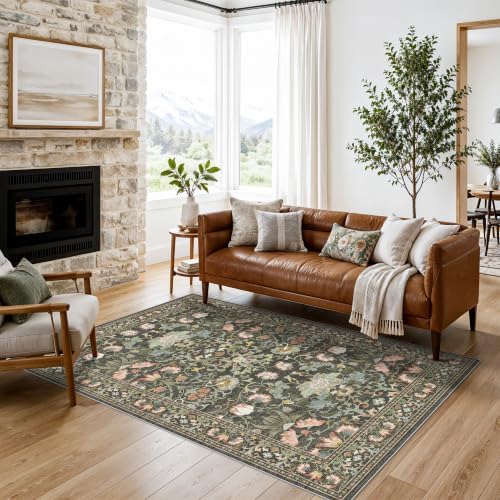 Washable 5x8 Living Room Area Rug: Vintage Water-Resistant Soft Rug for Bedroom Dining Room Non Slip Apartment Low Pile Carpet Thin Floor Mat for Dorm Home Office Printed Beside Rug(5x8，Green) by HYHAOYUNLAI