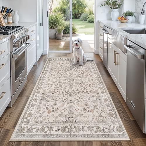 Washable 4x6 Kitchen Rug Non-Slip – Soft Stain-Resistant Low-Pile Indoor Floor Mat for Entryway Bedroom Living Room – Vintage Accent Area Rug (Beige, 4x6) by BYYVOORugsforYourHome