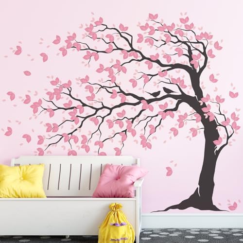 AM AMAONM 74.8x59 Inch Large Watercolor Tree Wall Decals - Peel & Stick Wall Stickers, DIY Removable Wall Art for Kids Living Room, Bedroom, Nursery Decor (Black Trunk Pink Leaves) - Image 6