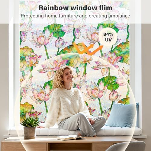 Donox Window Privacy Film Static Cling, Decorative Stained Glass Style Tint, Lotus Pattern with Rainbow Effect for Home and Office, UV Blocking No Glue Removable, 17.5 x 157.4 inches - Image 4