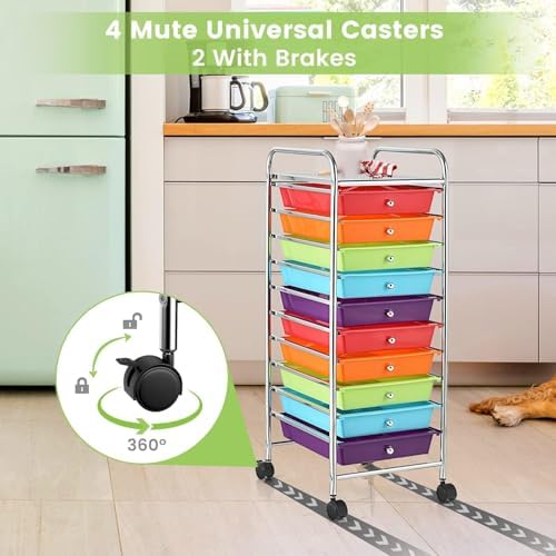 10-Drawer Rolling Storage Cart, Trolley w/Lockable 360° Wheels, 10 Removable PP Drawers, Sturdy Metal Frame, Rolling Utility Cart Perfect for Home, Office, Classroom (Multi-Colored) - Image 4
