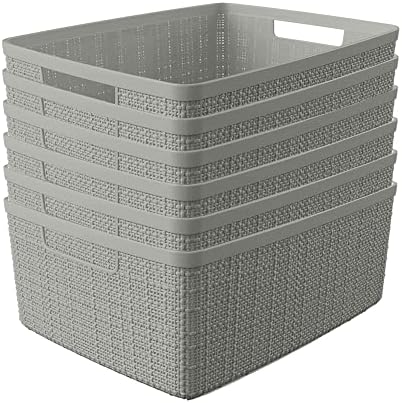 Curver Set of 6 Medium 12L Jute Decorative Plastic Organization and Storage Baskets - Perfect Bins for Home Office, Closet Shelves, Kitchen Pantry and All Bedroom Essentials, Grey by Unknown
