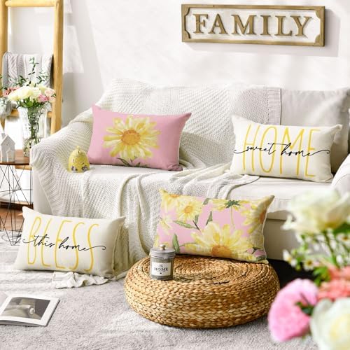 AVOIN colorlife Home Sweet Home Spring Summer Flowers Pink Throw Pillow Covers, 12 x 20 Inch White Cushion Case for Sofa Couch Set of 4 - Image 2
