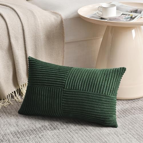Fancy Homi 2 Packs Dark Green Lumbar Decorative Throw Pillow Covers 16x26 Inch for Living Room Couch Bed, Rustic Farmhouse Boho Home Decor, Soft Striped Corduroy Rectangle Accent Cushion Case 65x40 cm - Image 2