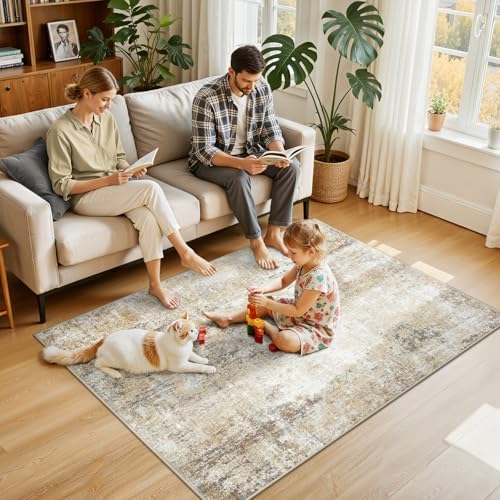 RELEANY Washable 4'x6' Abstract Area Rug for Living Room Neutral Brown - Image 2