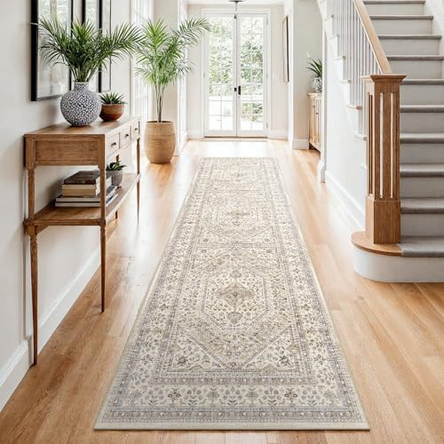 2x8 Washable Hallway Runner Rug - Non-Slip Vintage Entryway Rugs Beige Gray - Image 3