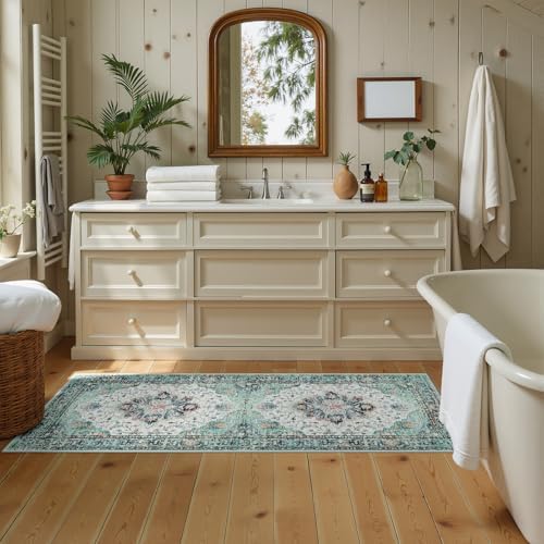 RELEANY Washable Area Rug, Runner 2'x6', Teal Green/White/Navy - Image 4