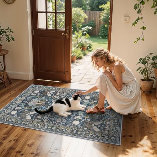 4x6 Living Room Area Rugs: Washable Boho Bedside Rugs Non Slip Low Pile Floral Small Carpet for Kitchen Bedroom Non-Shedding Floor Mat for Kids Room Office Dining Room(4x6 Floral/Blue) - Image 4