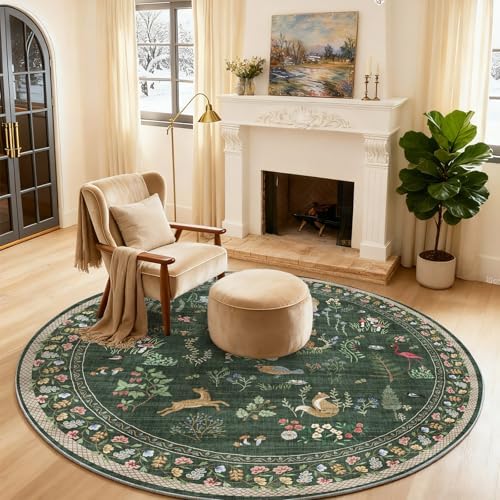 Washable Round Rugs for Bedroom 4ft: Living Room Rug Stain Resistant Non Slip Low Pile Ultra Soft Faux Wool Small Circle Rugs for Kitchen Entryway Nursery Bathroom Entrance Dorm Home Office Indoor by palohom