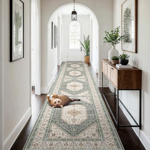 4x12 Washable Hallway Runner Rug - Non-Slip Wide Vintage Rugs Green Beige by Puino
