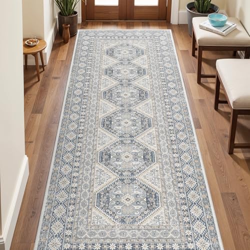 Ksrau 3x8 Runner Rug Washable Vintage: Non Slip Kitchen Runners Blue by Ksrau
