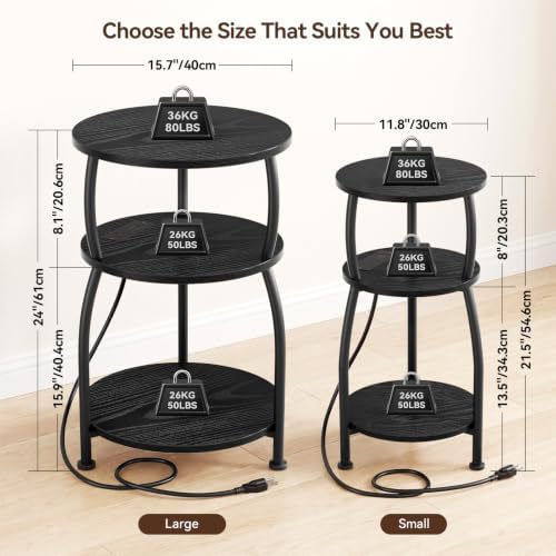 Round Side Table with Power Outlet, USB Type C Port, 3-Tier End Table - Image 3